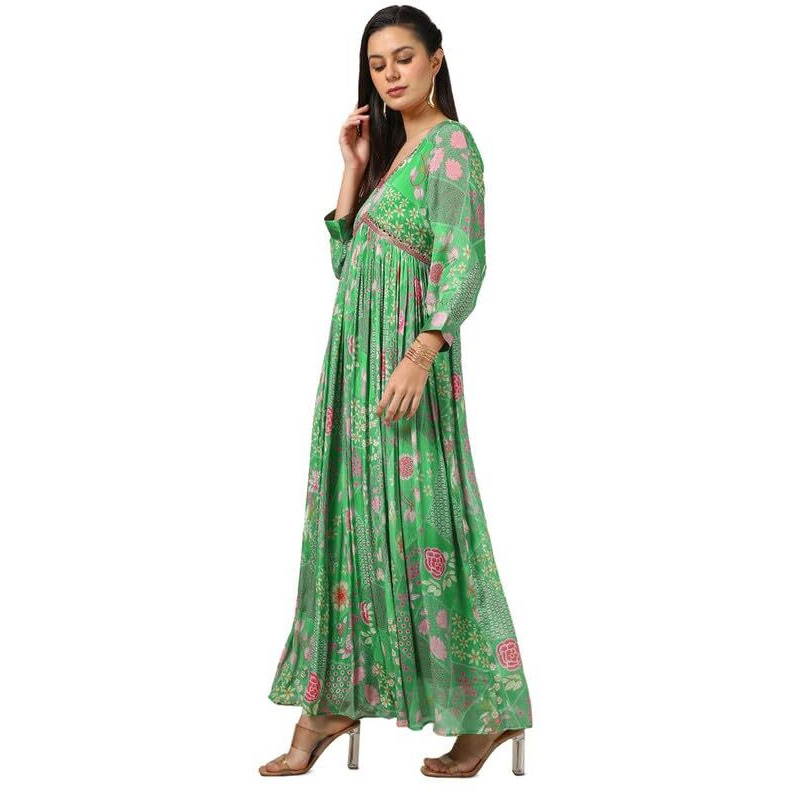 Soch Womens Light Green Chinon Floral Print Dress With Faux Mirror And Sequins