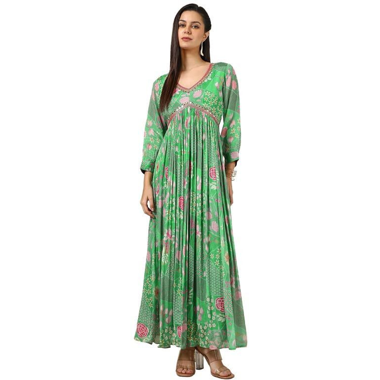 Soch Womens Light Green Chinon Floral Print Dress With Faux Mirror And Sequins