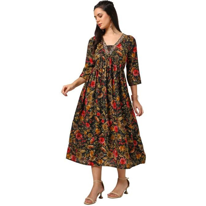 Soch Womens Black Muslin Blend Floral Print Dress With Zardosi