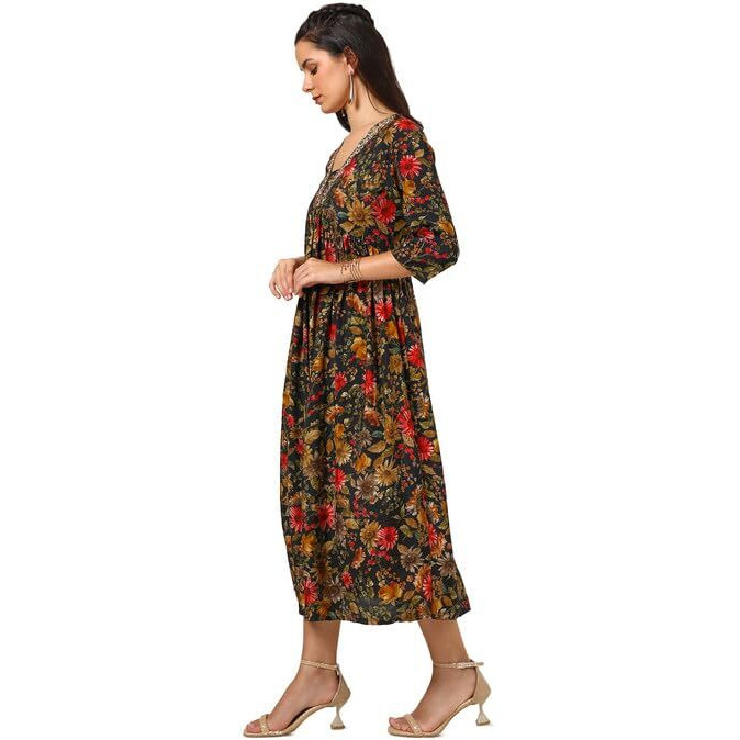 Soch Womens Black Muslin Blend Floral Print Dress With Zardosi