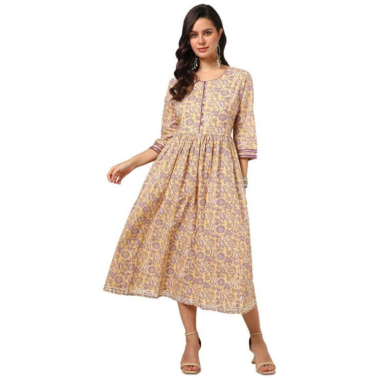 Soch Womens Yellow Cotton Kalamkari Dress