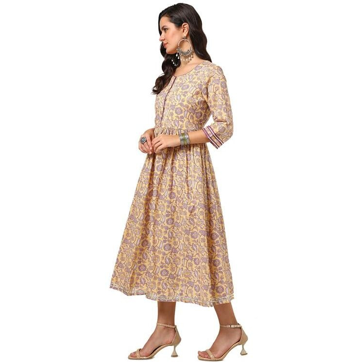 Soch Womens Yellow Cotton Kalamkari Dress