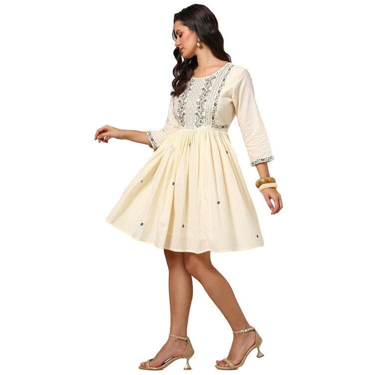 Soch Womens Off White Cotton Embroidered Dress With Sequence Work