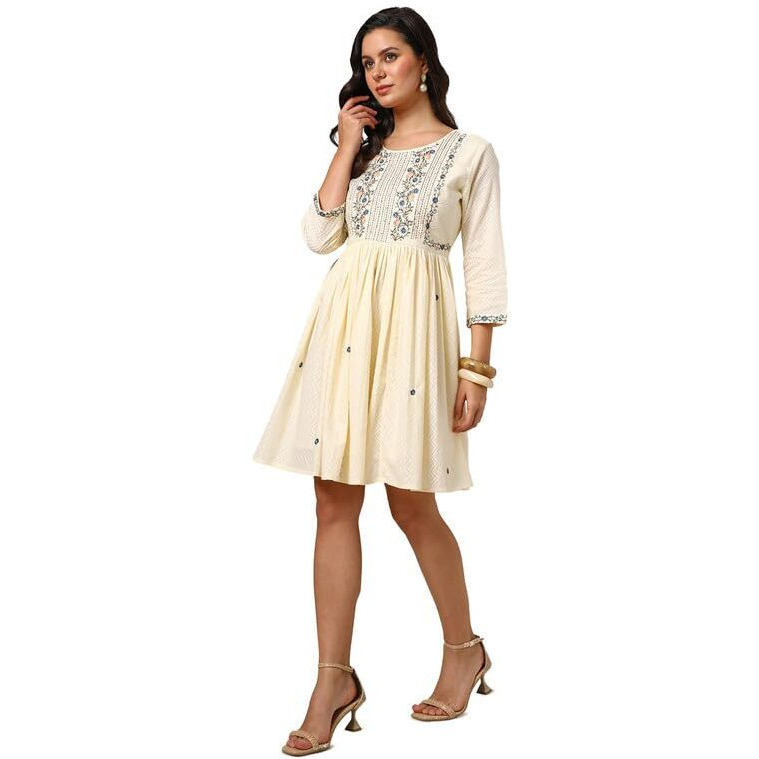 Soch Womens Off White Cotton Embroidered Dress With Sequence Work