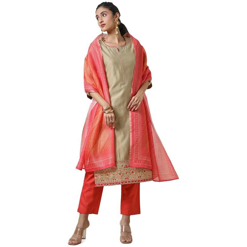 Soch Womens Beige Chanderi Straight Embroidered Suit Set With Dupatta