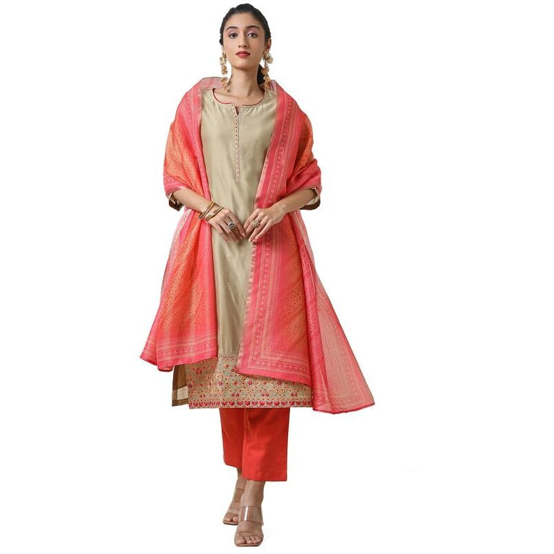 Soch Womens Beige Chanderi Straight Embroidered Suit Set With Dupatta
