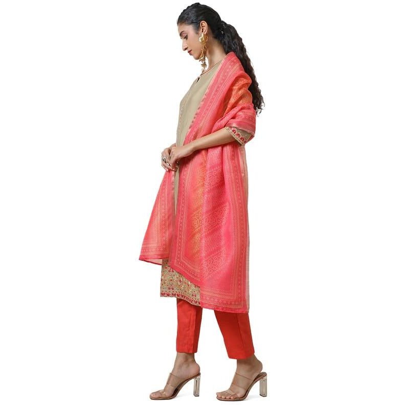 Soch Womens Beige Chanderi Straight Embroidered Suit Set With Dupatta