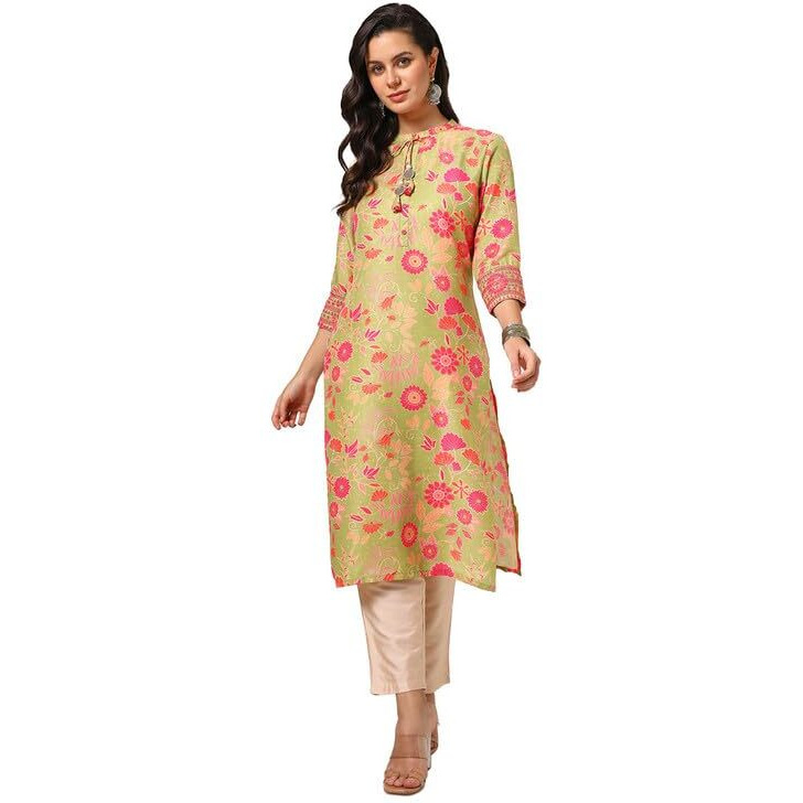 Soch Womens Light Green Muslin Blend Floral Print Kurta With Tassels