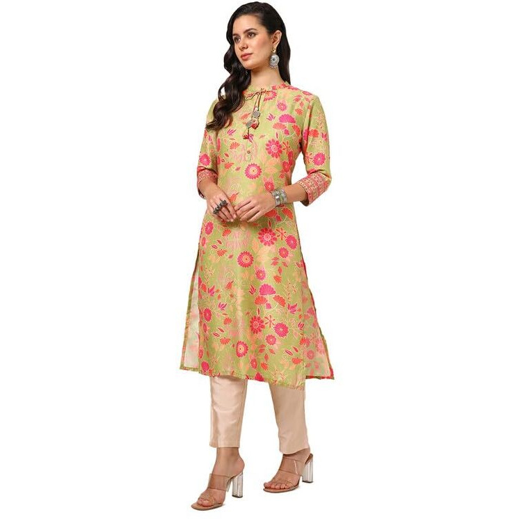 Soch Womens Light Green Muslin Blend Floral Print Kurta With Tassels