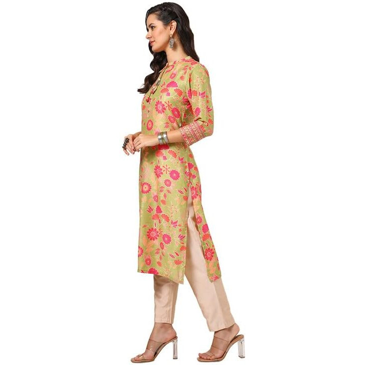 Soch Womens Light Green Muslin Blend Floral Print Kurta With Tassels