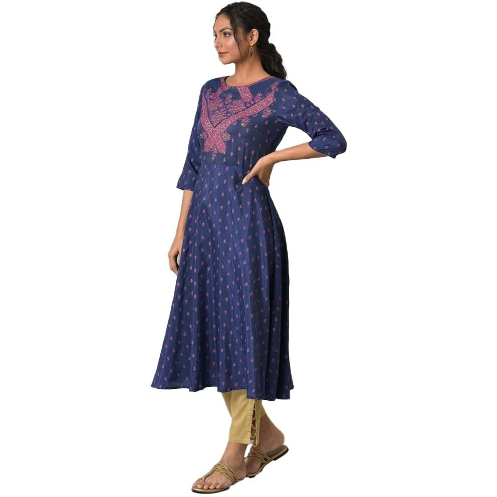 W For Woman Women Polyester Navy Blue Circular Regular Fit Kurta With Seqiuns_22Auw17953-118937_3Xl