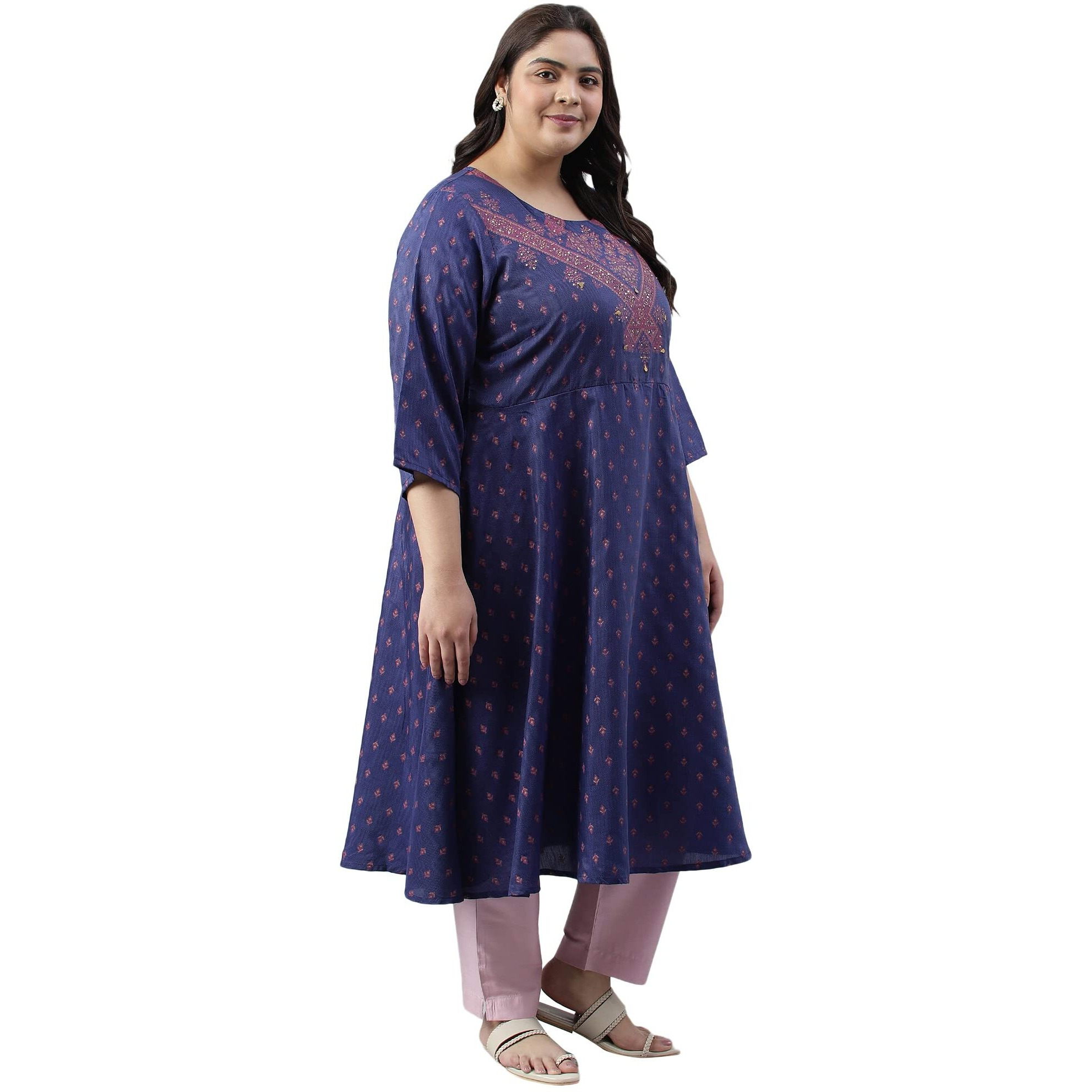 W For Woman Plus Size Navy Blue Circular Kurta With Seqiuns_22Auw17953G-118937_4Xl