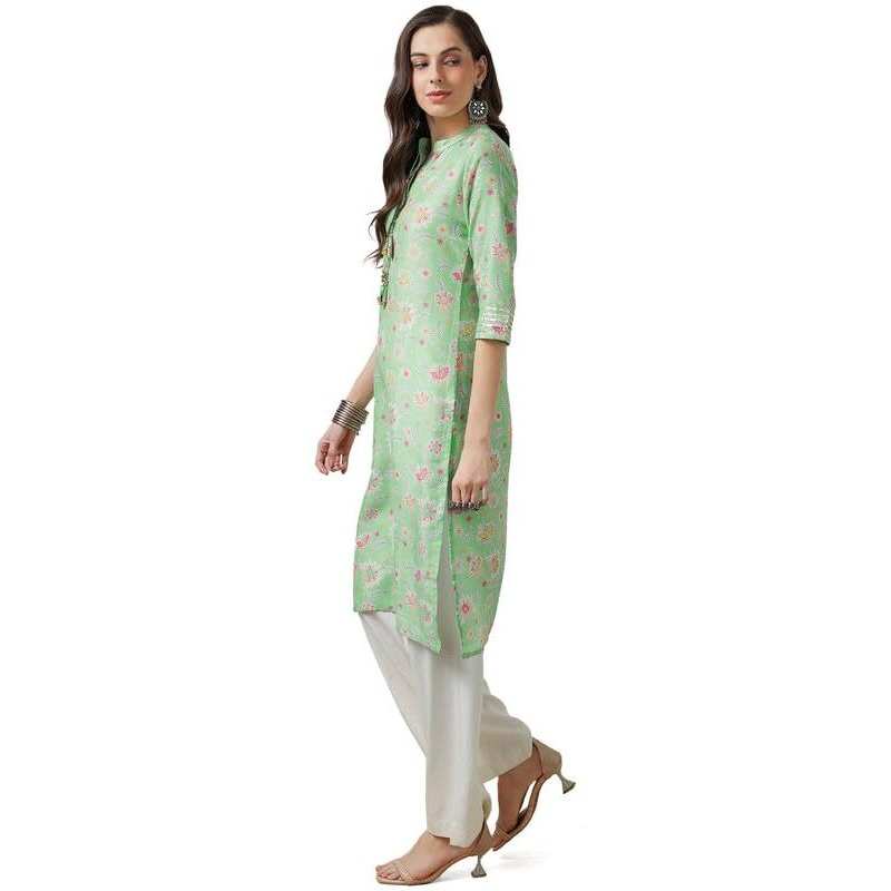 Soch Womens Sap Green Muslin Blend Floral Print Kurta With Tassels