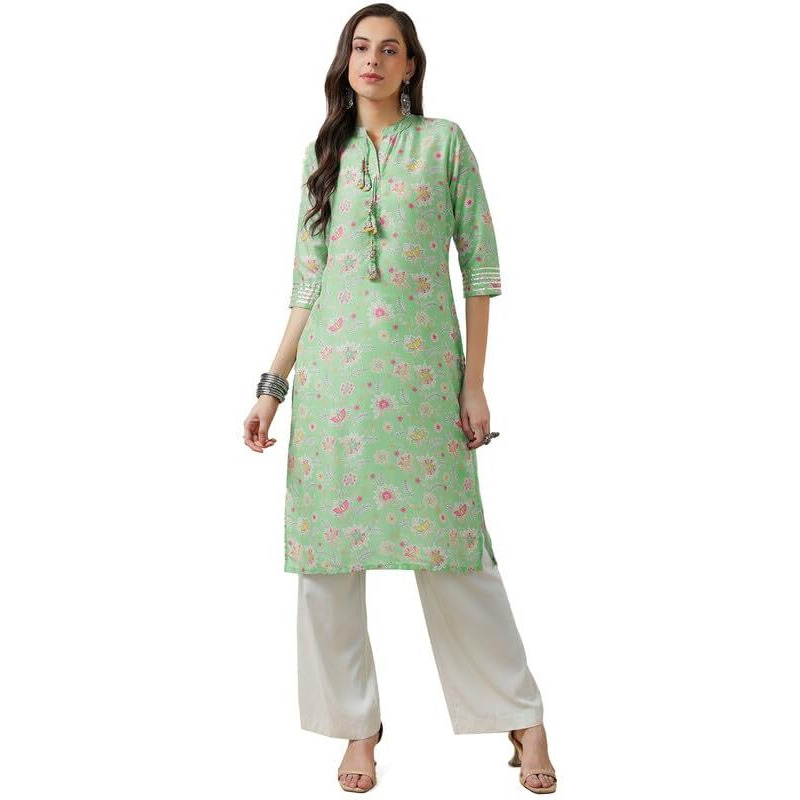Soch Womens Sap Green Muslin Blend Floral Print Kurta With Tassels