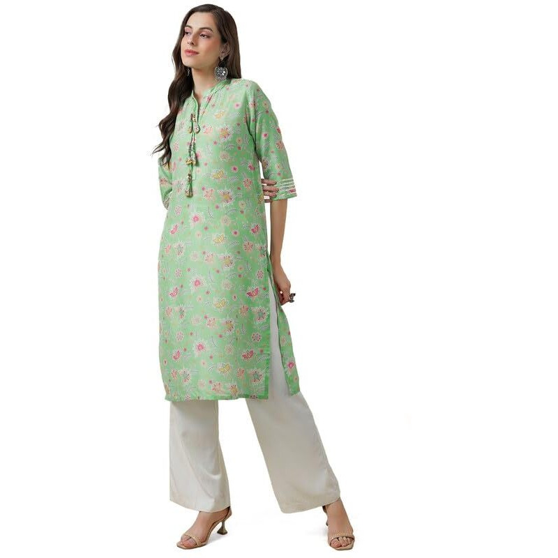 Soch Womens Sap Green Muslin Blend Floral Print Kurta With Tassels