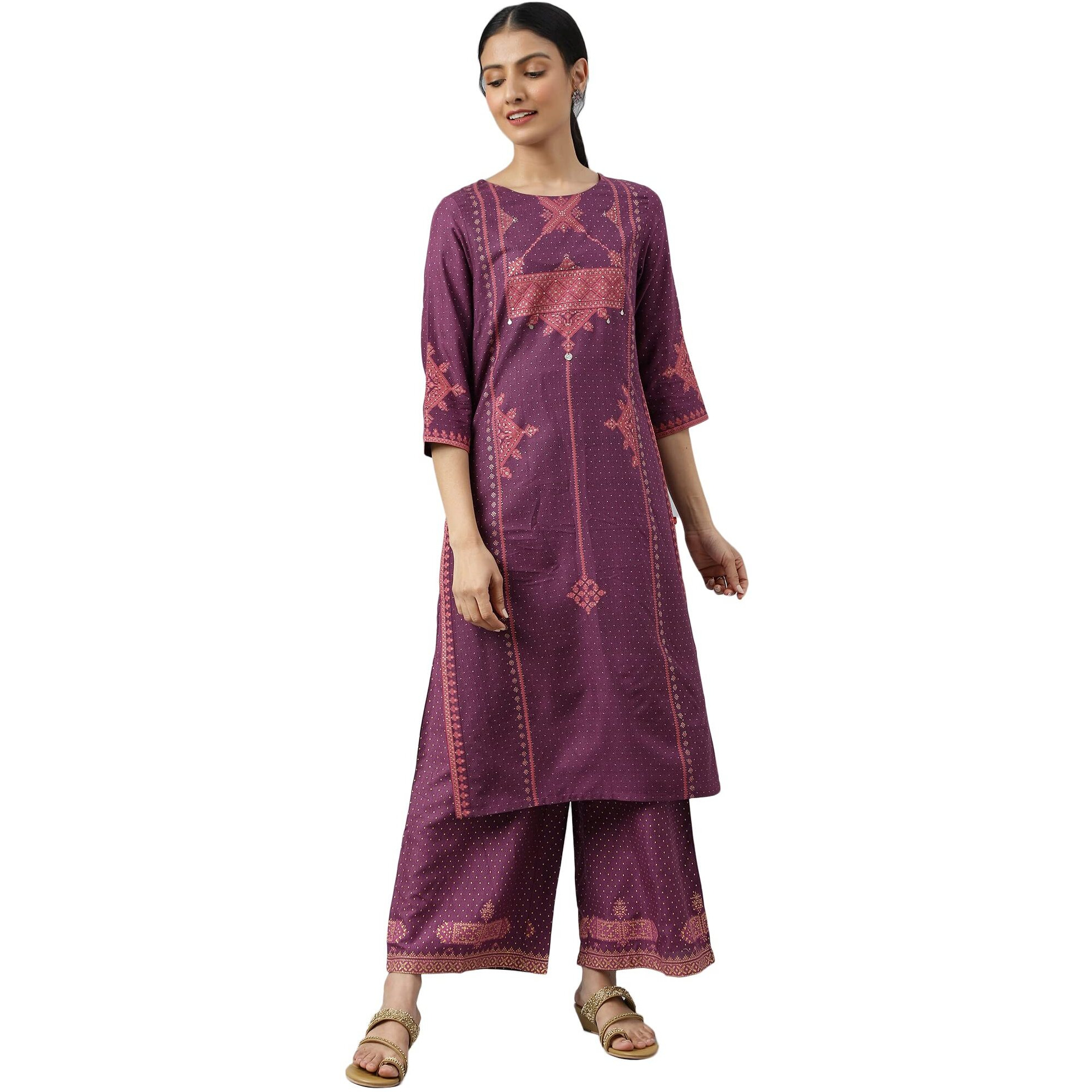 W For Woman Purple Rayon Kurta With Coins And Sequins Embellishment