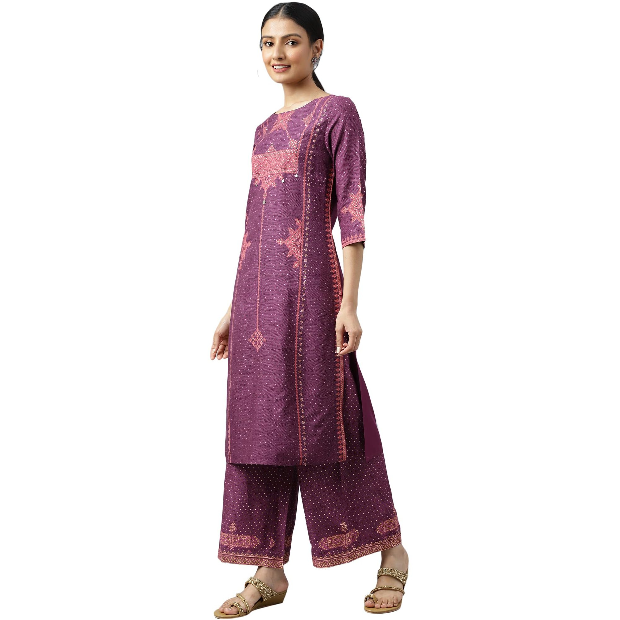 W For Woman Purple Rayon Kurta With Coins And Sequins Embellishment