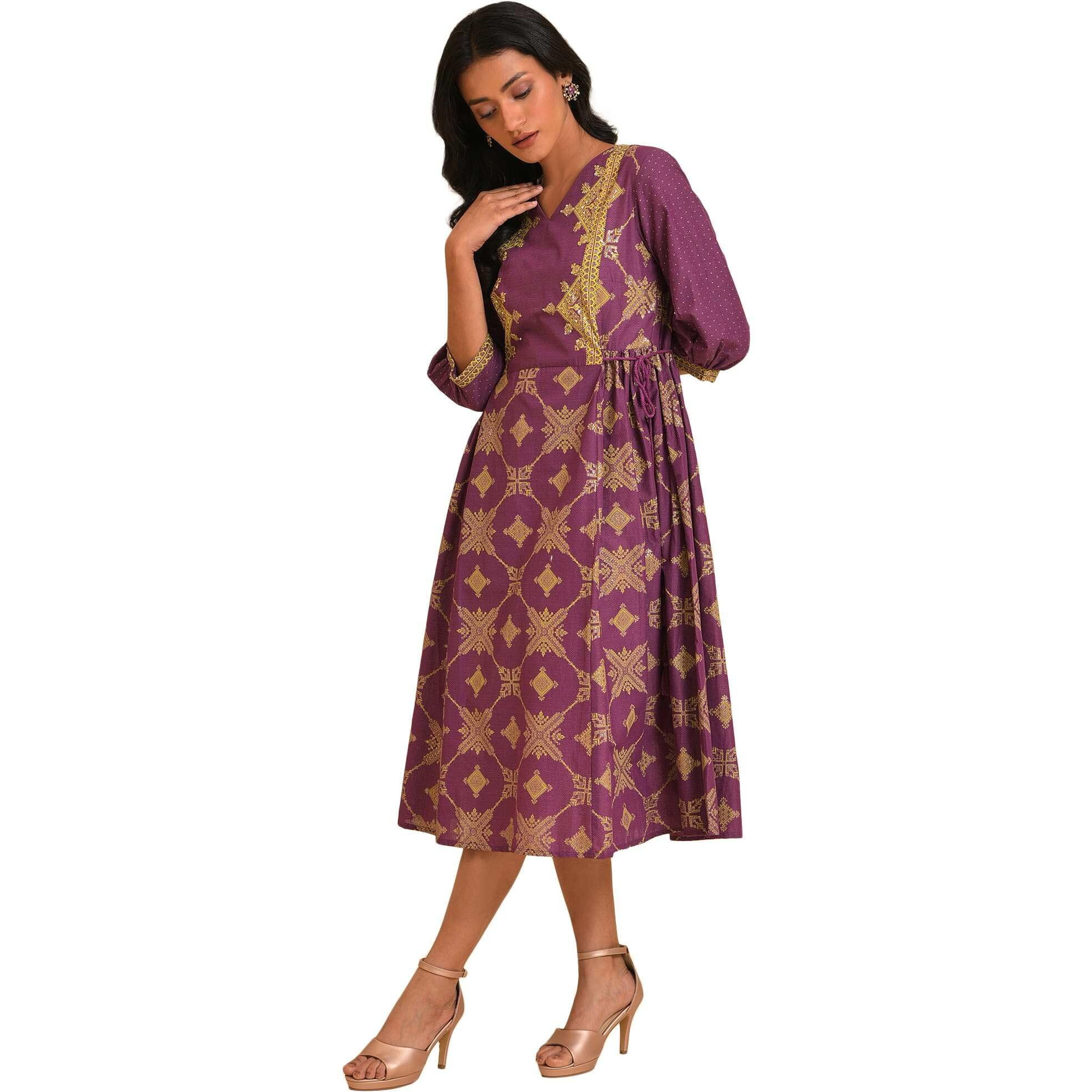 W For Woman Women's Cotton Purple Festive Gathered Dress With Sequin Calf Length 22Auw17966-118927_Orchid