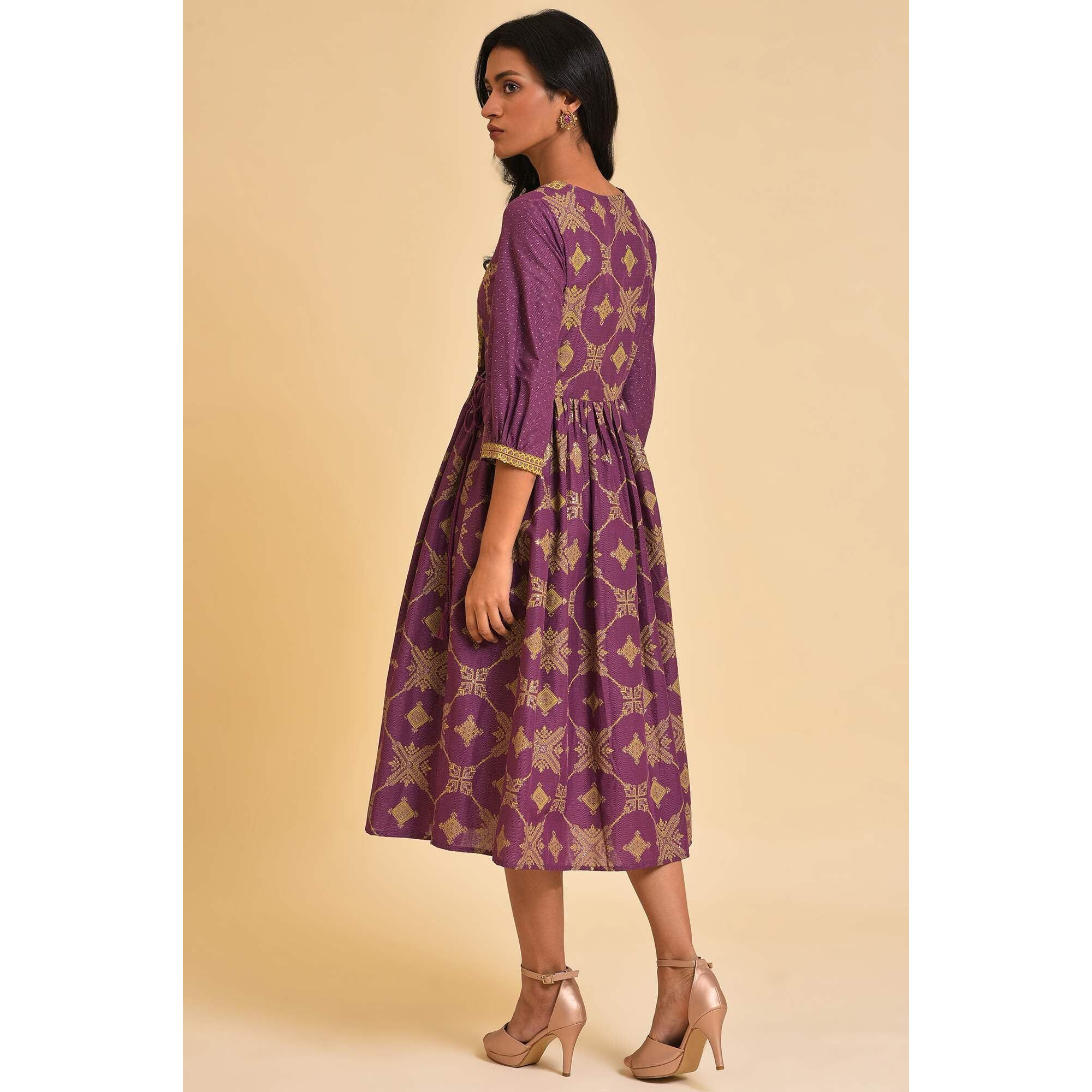 W For Woman Women's Cotton Purple Festive Gathered Dress With Sequin Calf Length 22Auw17966-118927_Orchid