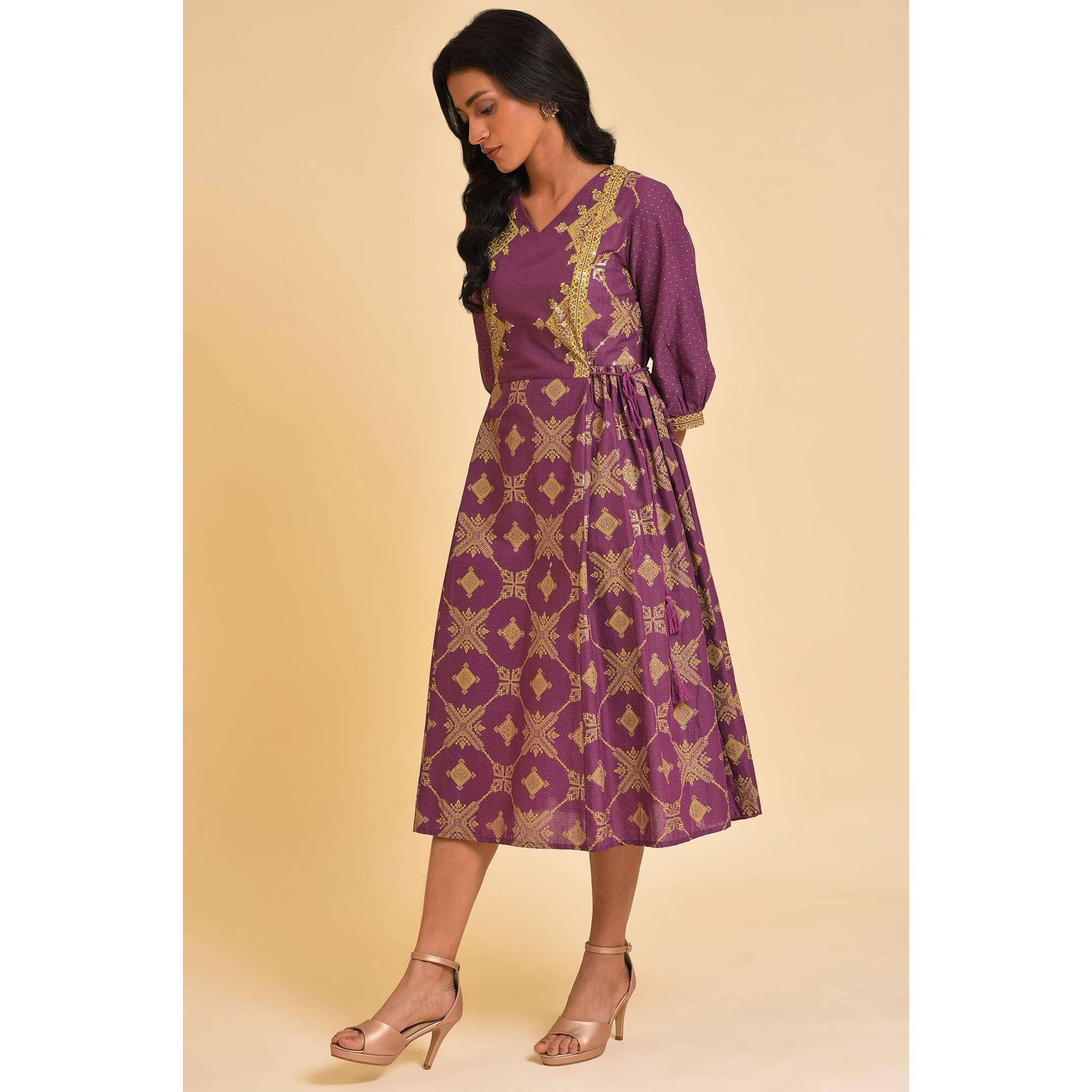 W For Woman Women's Cotton Purple Festive Gathered Dress With Sequin Calf Length 22Auw17966-118927_Orchid