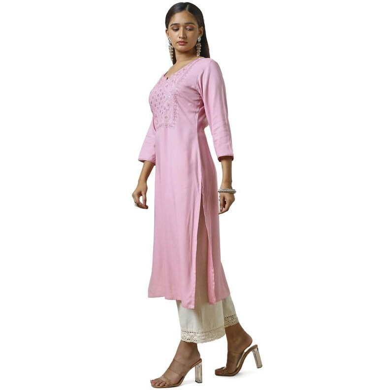 Soch Womens Pink Rayon Embroidered Kurta With Sequins Work