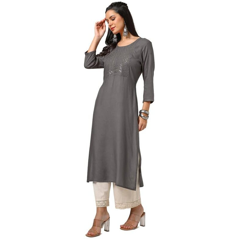 Soch Womens Earth Rayon Embroidered Kurta With Sequins