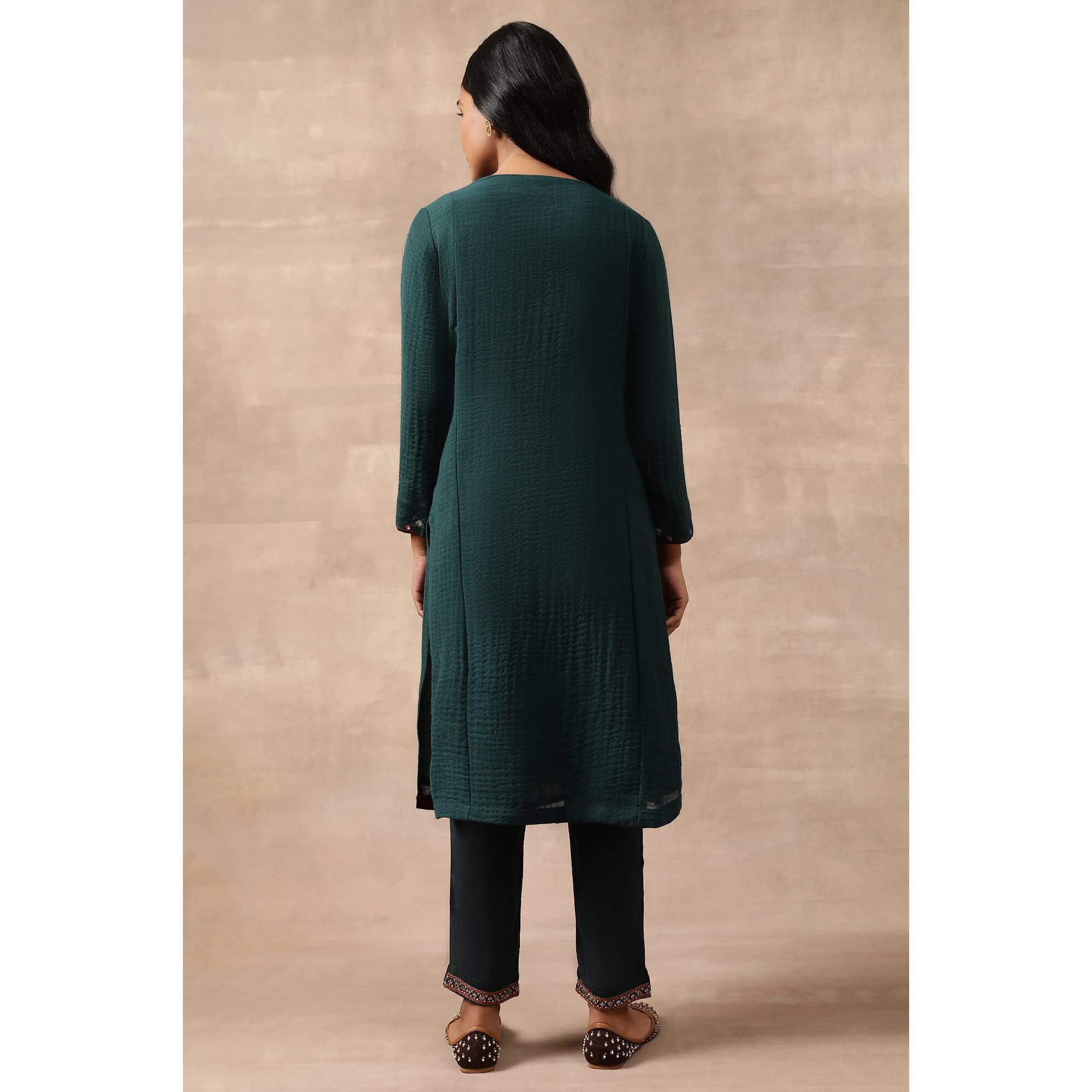 W For Woman Women's Wool Regular (Kurta_Deep Teal_L)