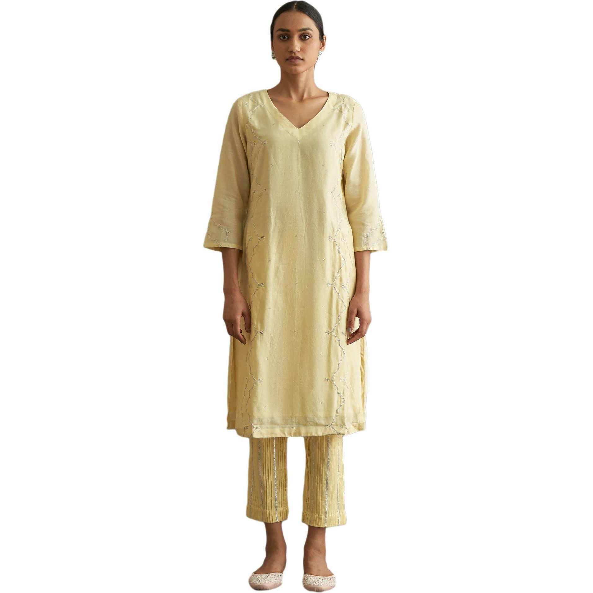 W For Woman Yellow Cotton Silk Gota Kurta
