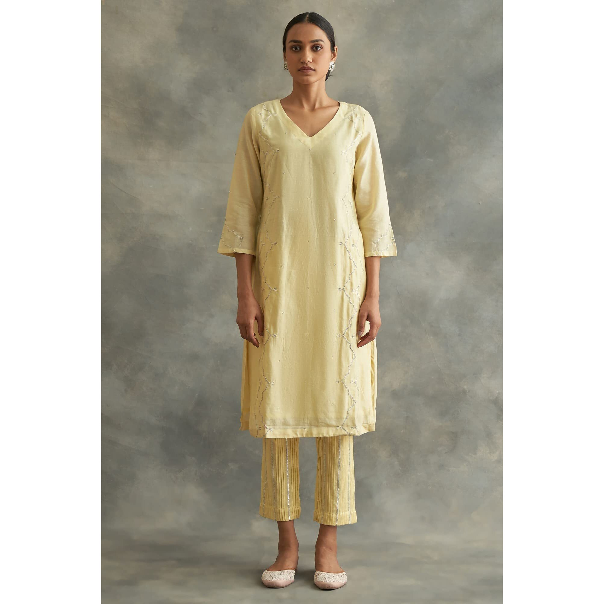 W For Woman Yellow Cotton Silk Gota Kurta