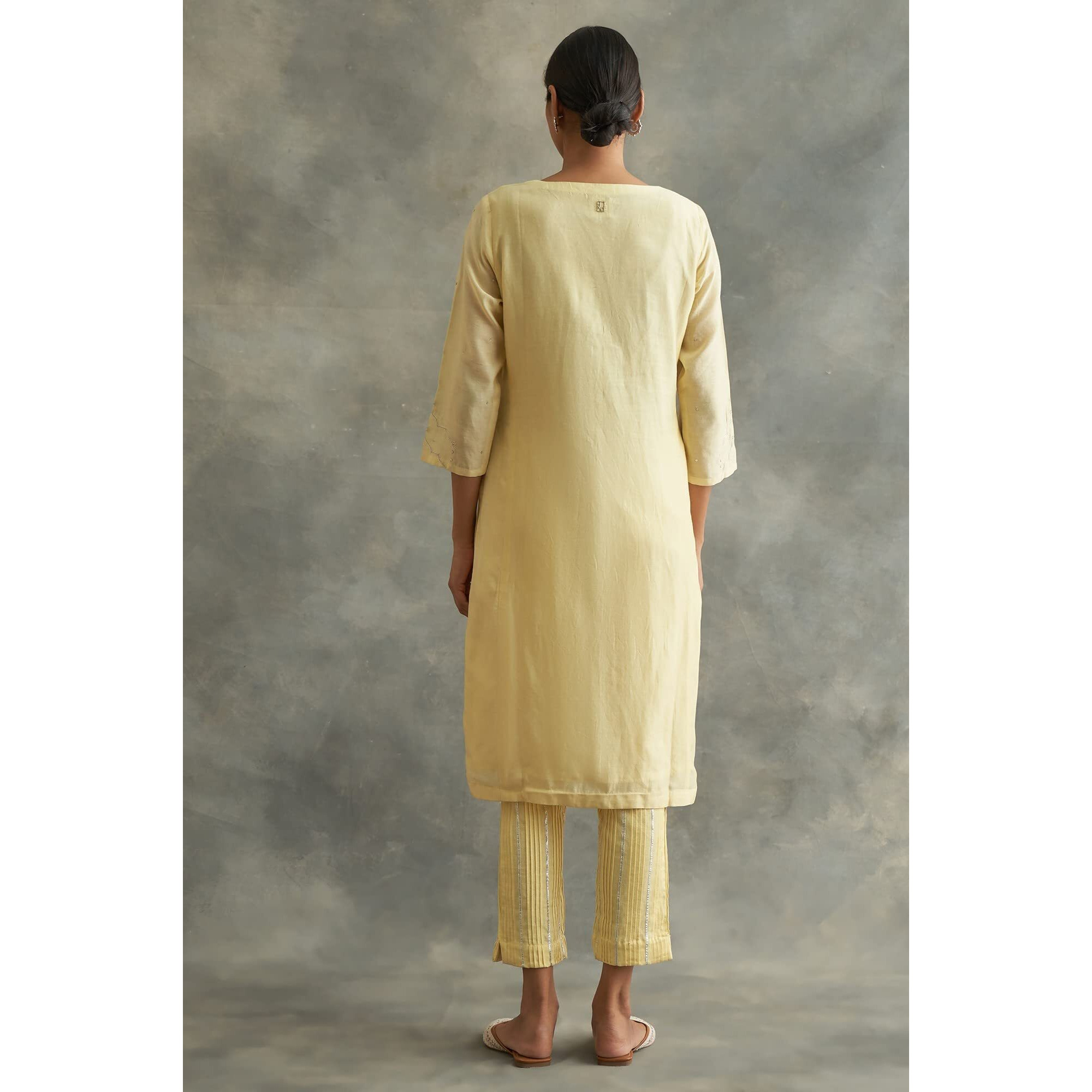 W For Woman Yellow Cotton Silk Gota Kurta