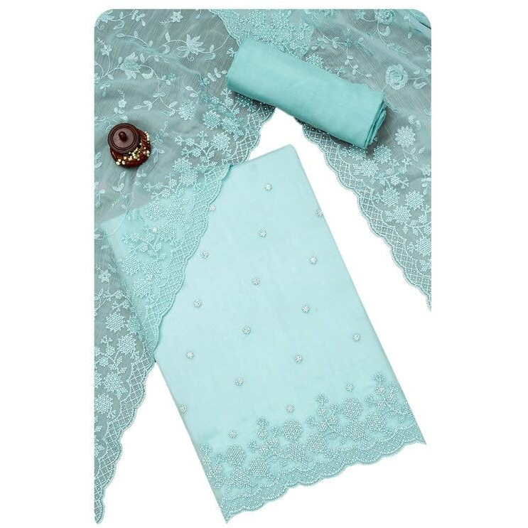 Soch Womens Powder Blue Crinkle Chiffon Embroidered Unstitch Dress Material With Beads And Stones