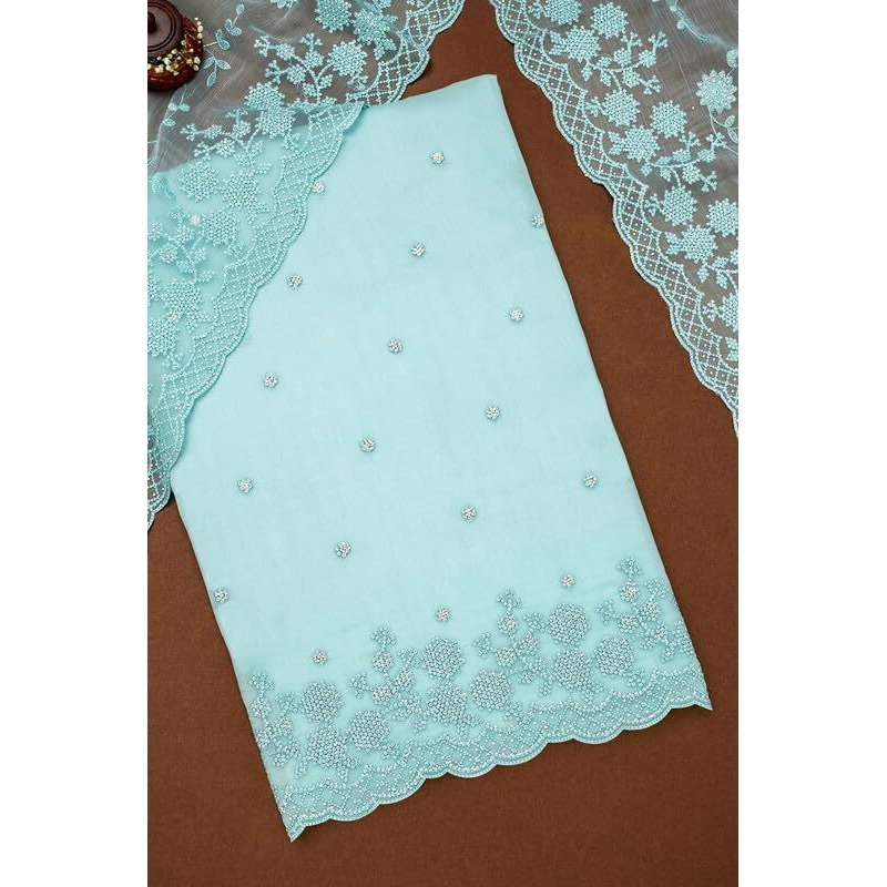 Soch Womens Powder Blue Crinkle Chiffon Embroidered Unstitch Dress Material With Beads And Stones
