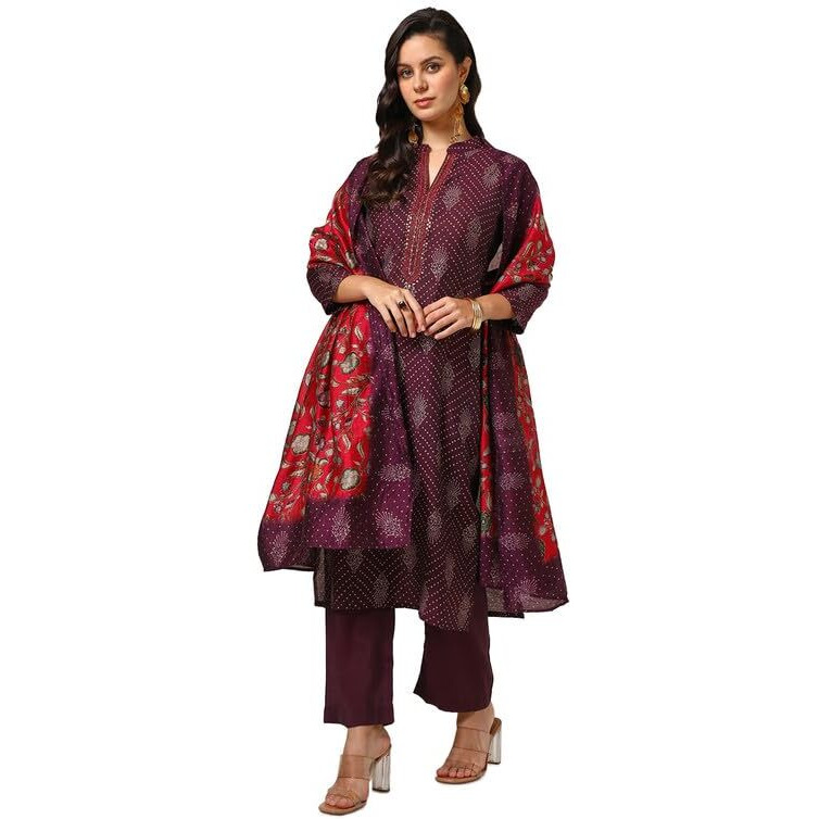 Soch Womens Wine Muslin Blend Bandhani Print Suit Set