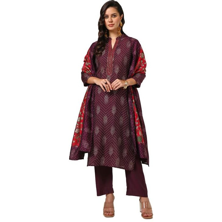 Soch Womens Wine Muslin Blend Bandhani Print Suit Set