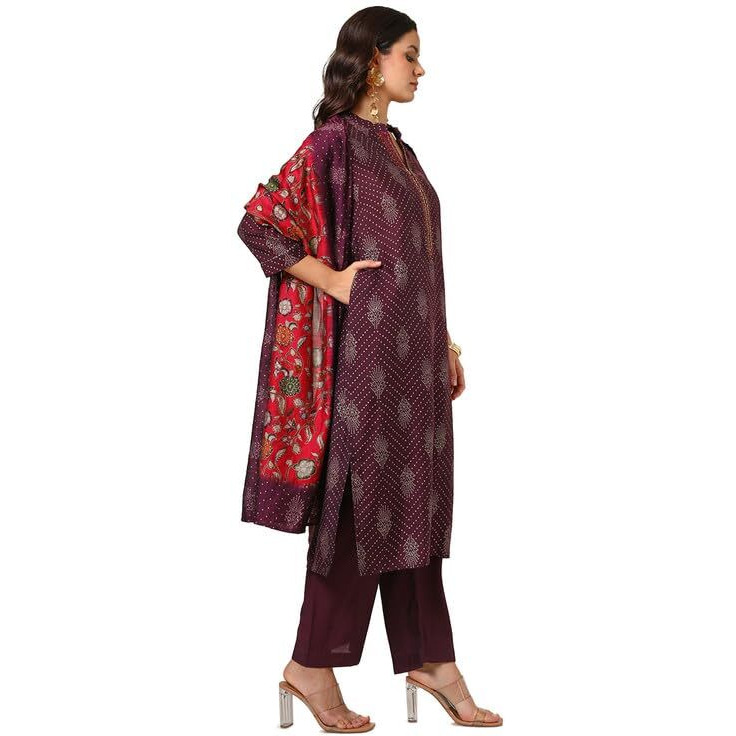 Soch Womens Wine Muslin Blend Bandhani Print Suit Set