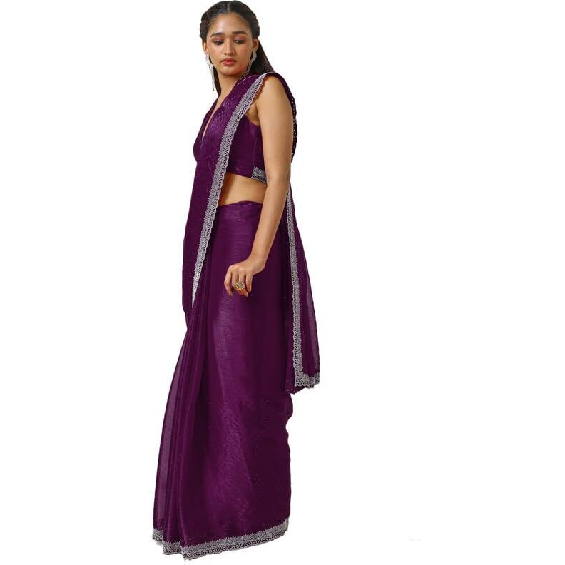 Soch Womens Wine Tissue Saree With Stone Work