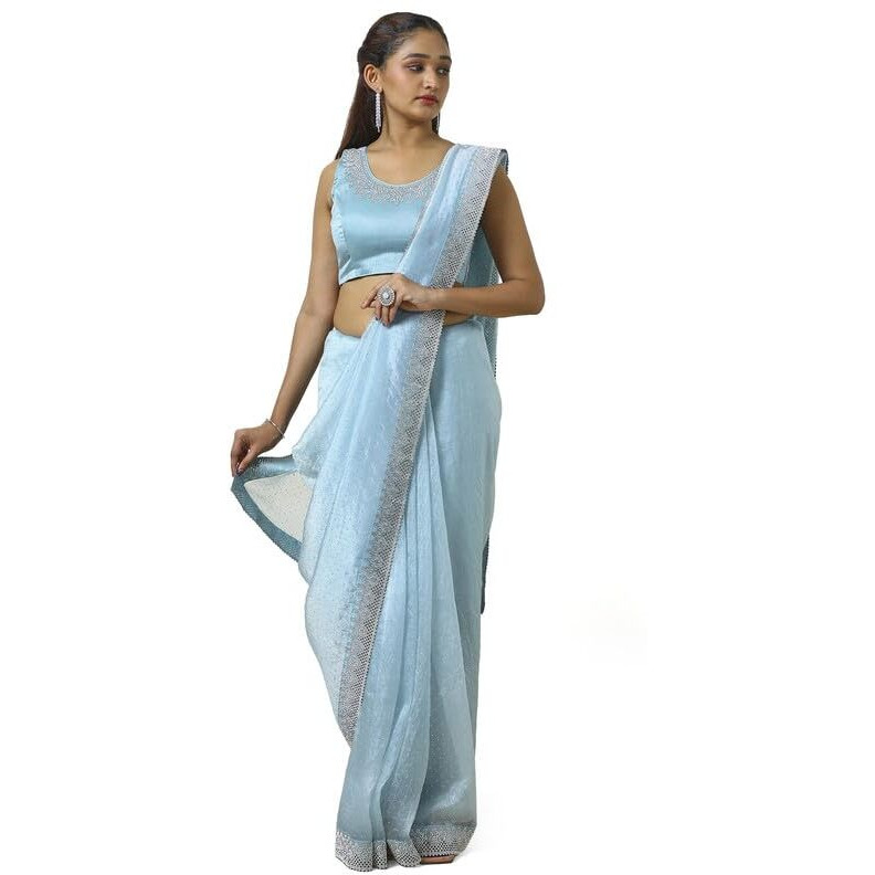 Soch Womens Powder Blue Organza Saree With Stone Work