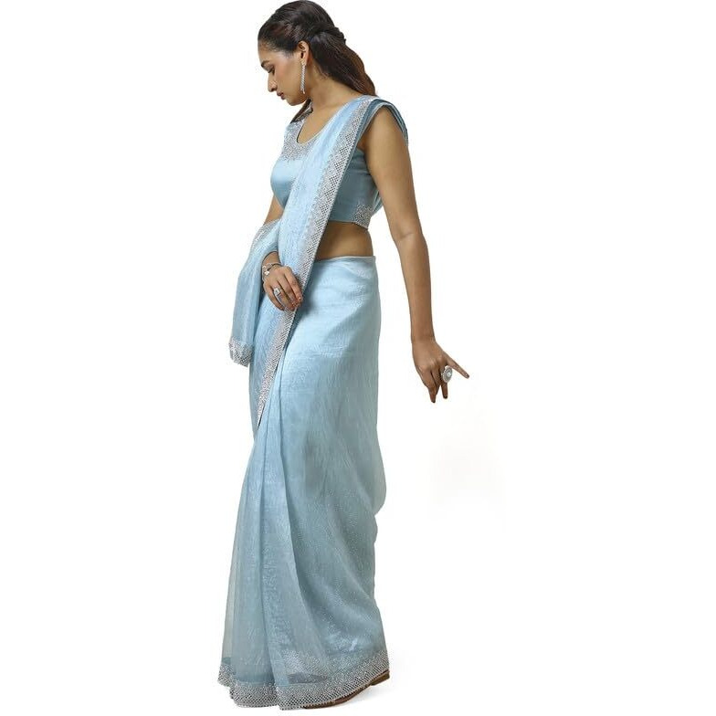 Soch Womens Powder Blue Organza Saree With Stone Work