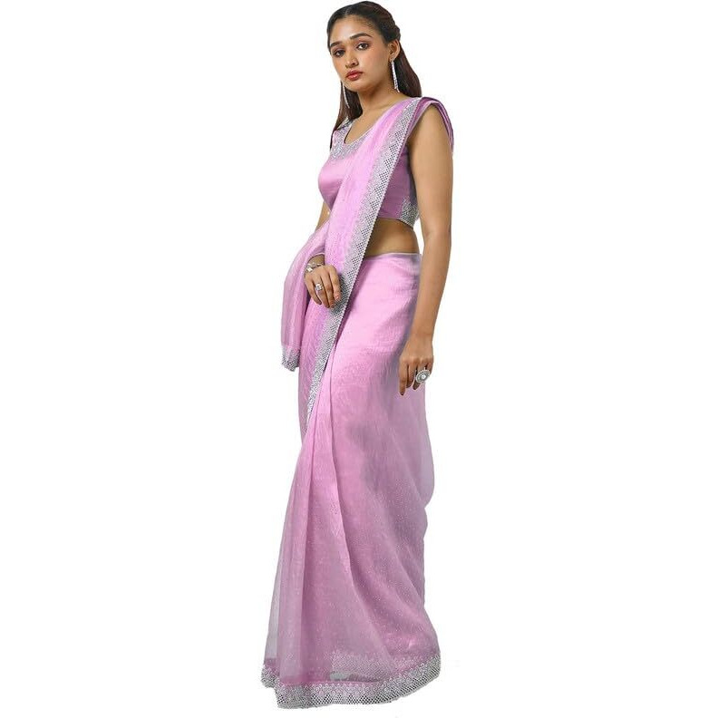 Soch Womens Blush Pink Organza Saree With Stone Work