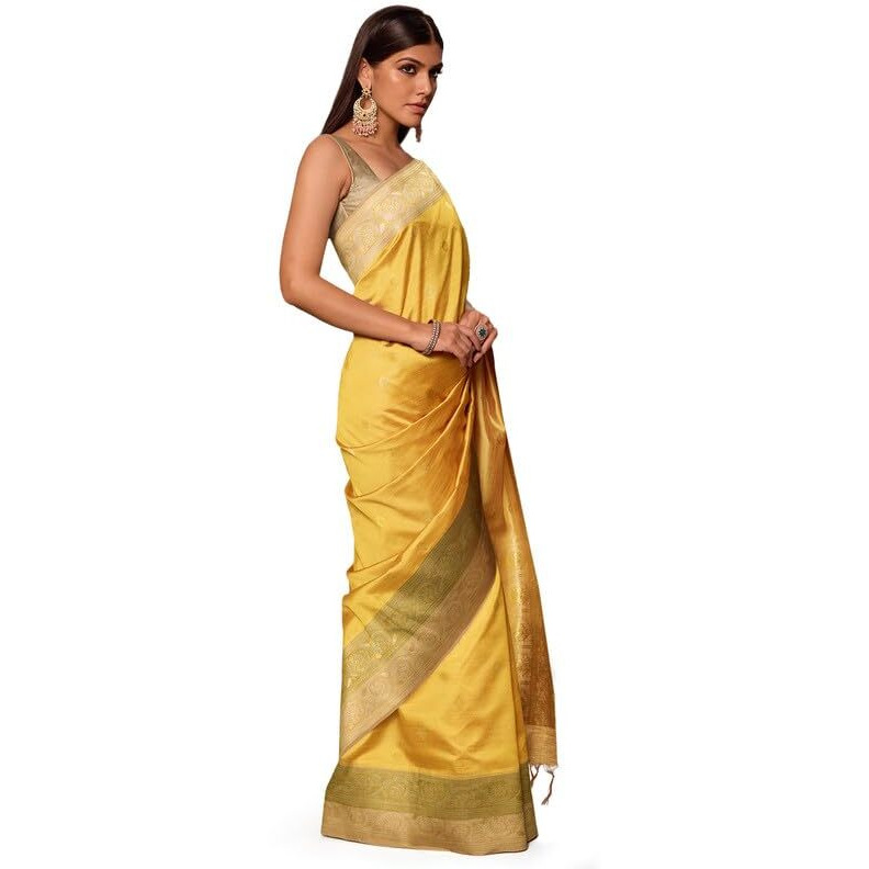 Soch Womens Mustard Tussar Zari Woven Saree With Tassels