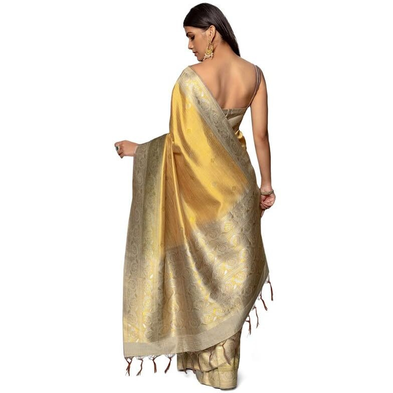 Soch Womens Mustard Tussar Zari Woven Saree With Tassels