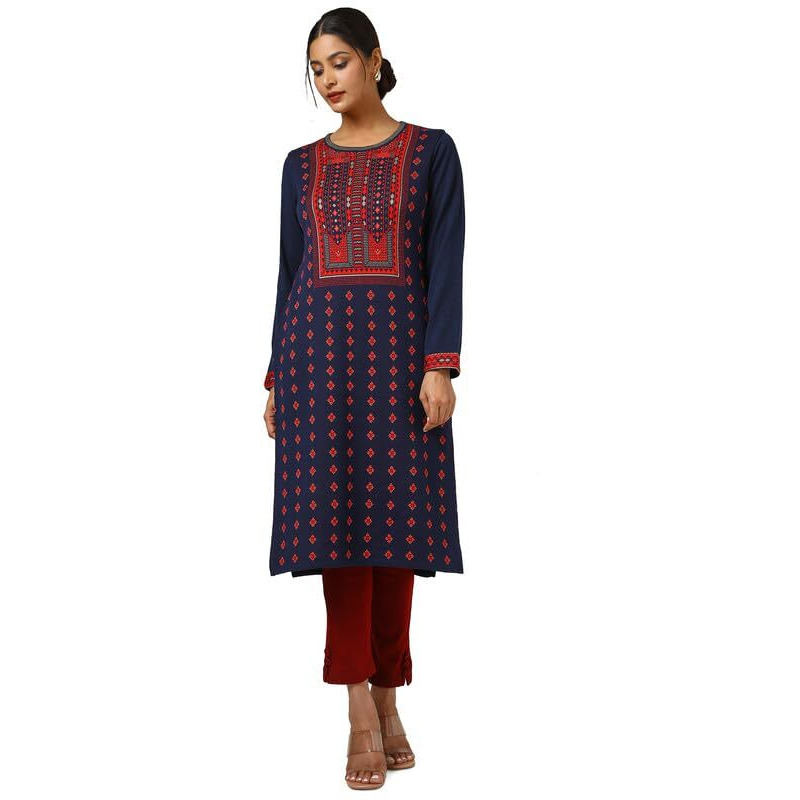 Soch Womens Navy Blue Acrylic Woven Design Winter Kurta