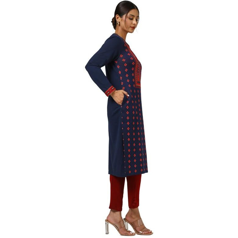 Soch Womens Navy Blue Acrylic Woven Design Winter Kurta