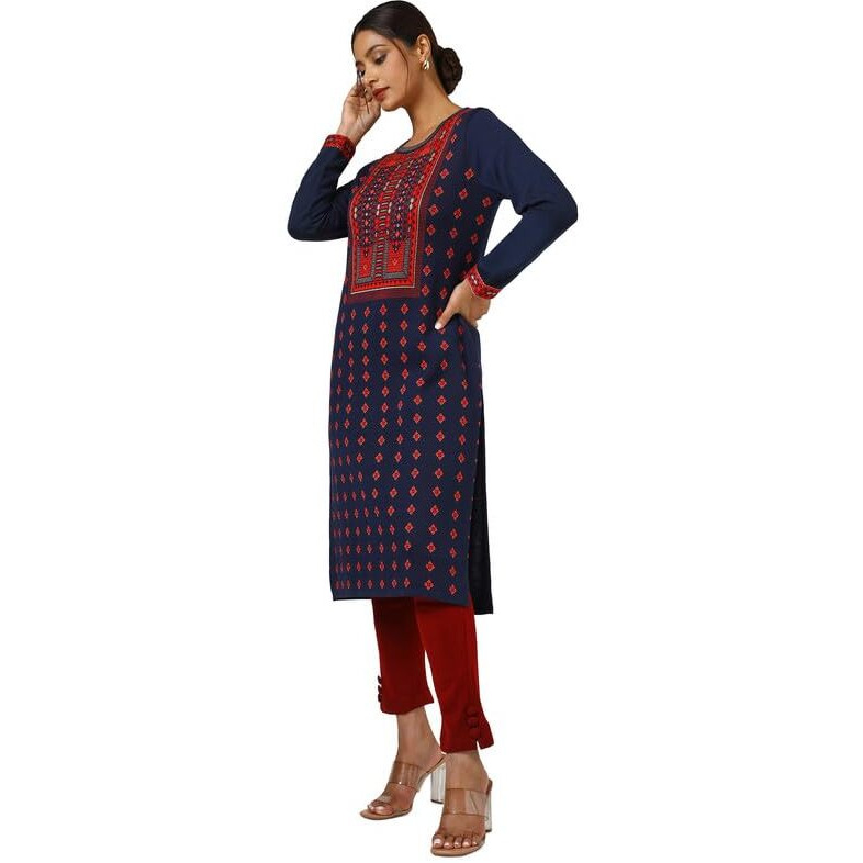 Soch Womens Navy Blue Acrylic Woven Design Winter Kurta