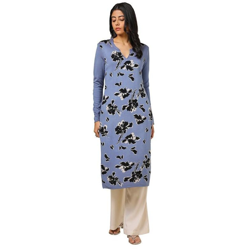 Soch Womens Blue Acrylic Woven Design Winter Kurta