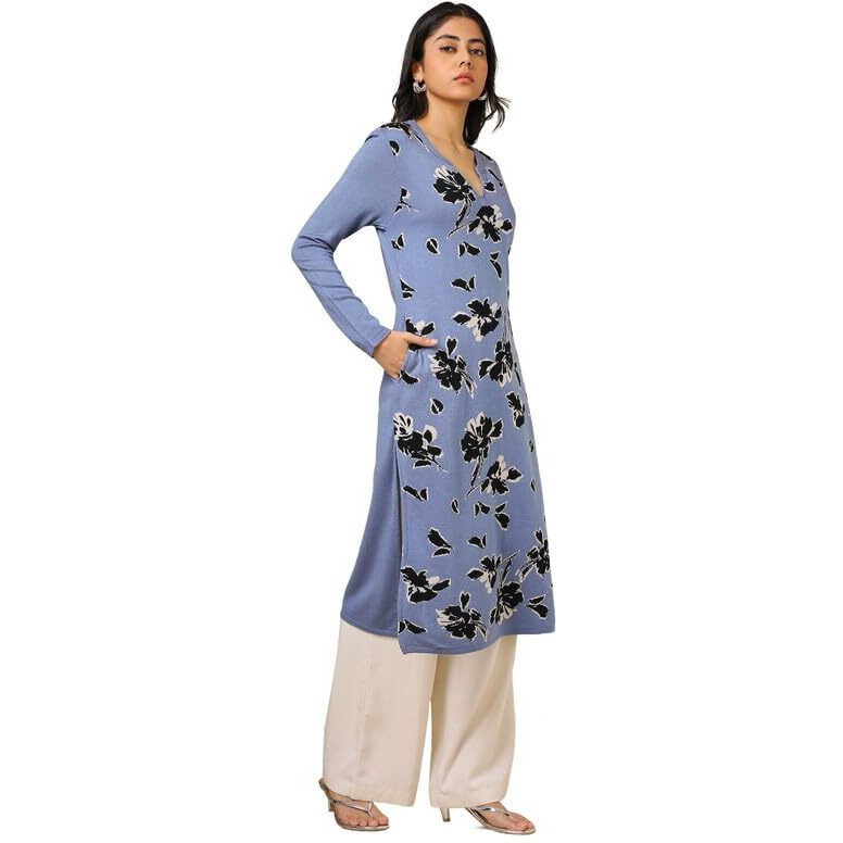 Soch Womens Blue Acrylic Woven Design Winter Kurta