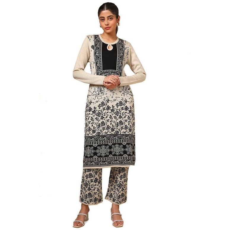 Soch Womens Off White Acrylic Woven Design Winter Kurta Set
