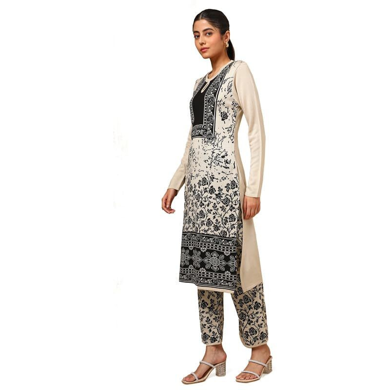 Soch Womens Off White Acrylic Woven Design Winter Kurta Set