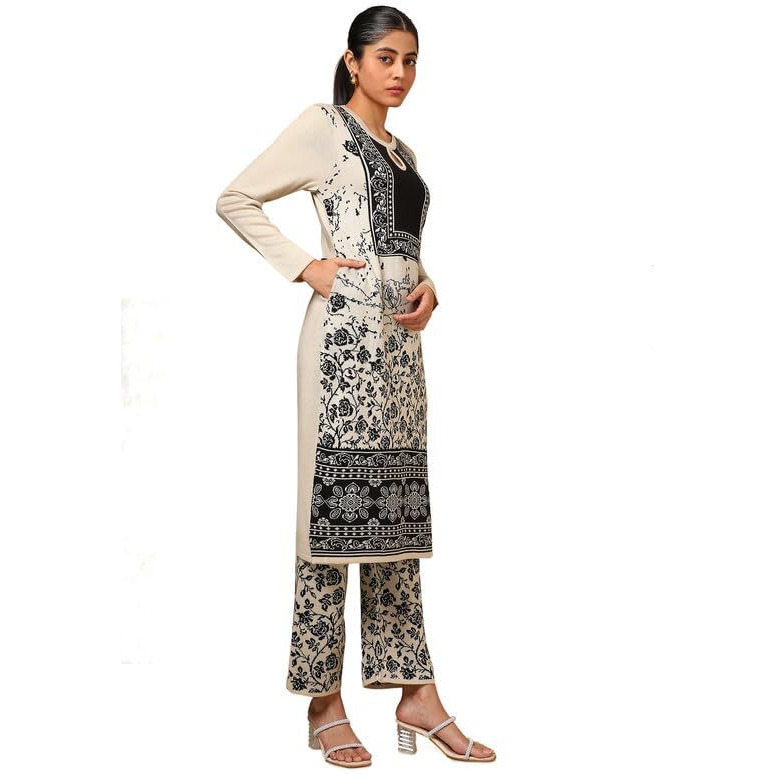 Soch Womens Off White Acrylic Woven Design Winter Kurta Set
