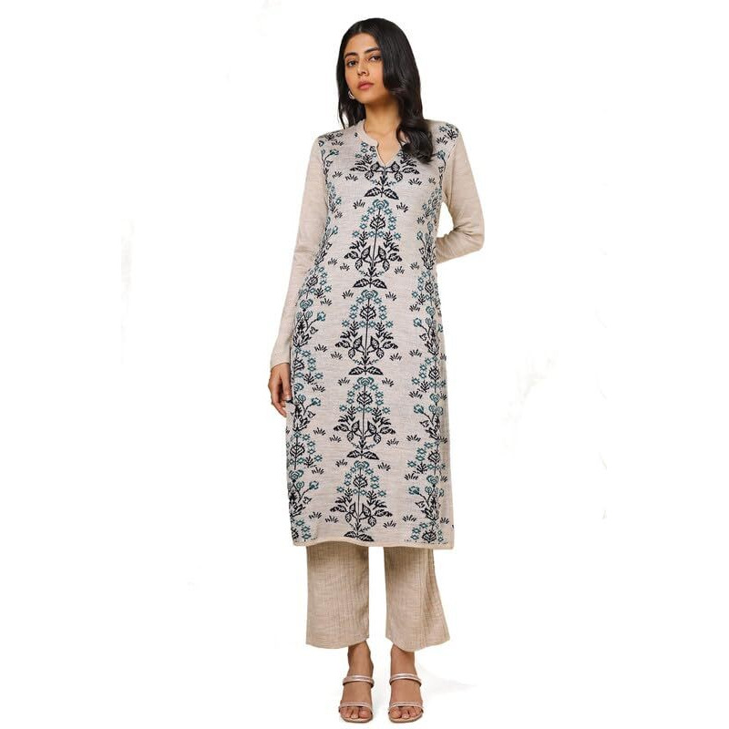 Soch Womens Off White Acrylic Woven Design Winter Kurta Set